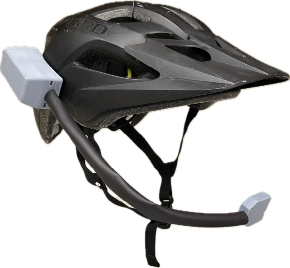 A 3D-printed wireless shifter enclosure and gooseneck microphone mounted to a bike helmet.